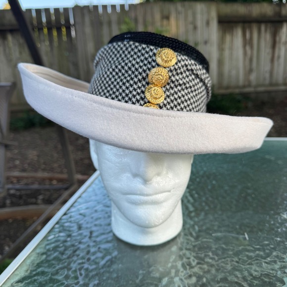 Vintage Houndstooth Pillbox Hat White Wide Brim Gold Crest Buttons Sequins